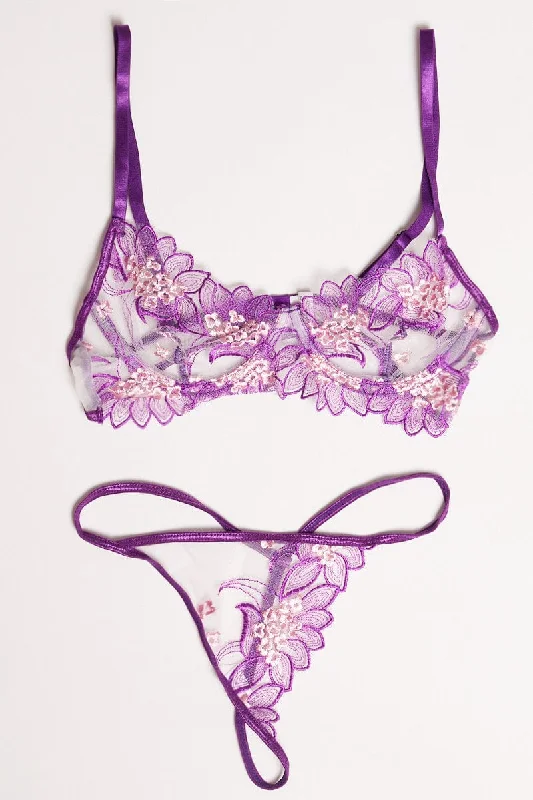 Women's Tops And Clothing Purple Embroidery Lingerie Set