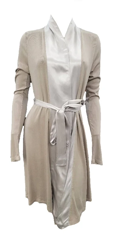 Women's Stylish Professional Apparel Elijah Rib Knit Longsleeve Robe With Satin Trim And Belt In Clay