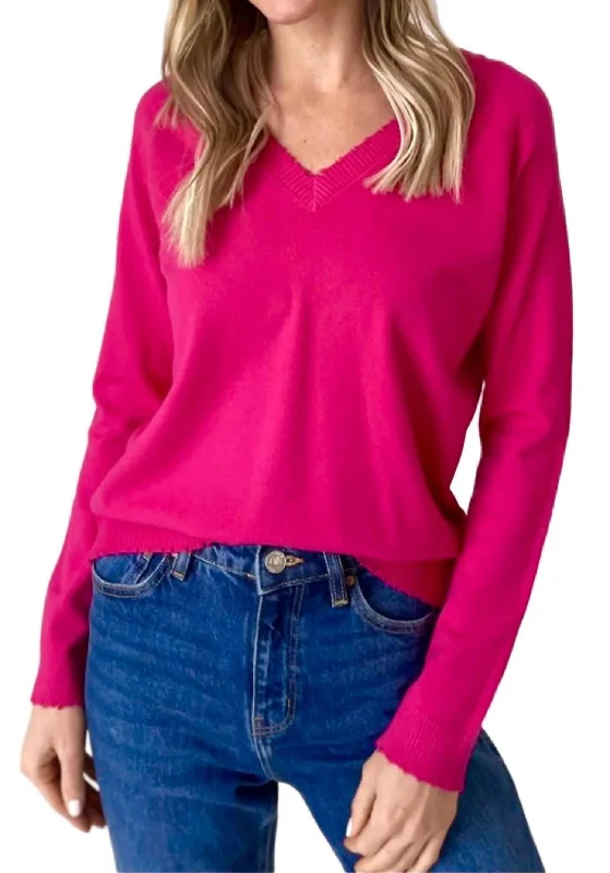 Women's Elegant Evening Attire Distressed Hem Vneck Sweater In Hot Pink