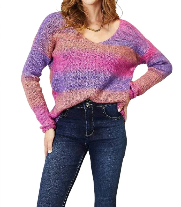 Luxury Women's Clothing Chic Ribbed V-Neck Pullover Sweater In Purple