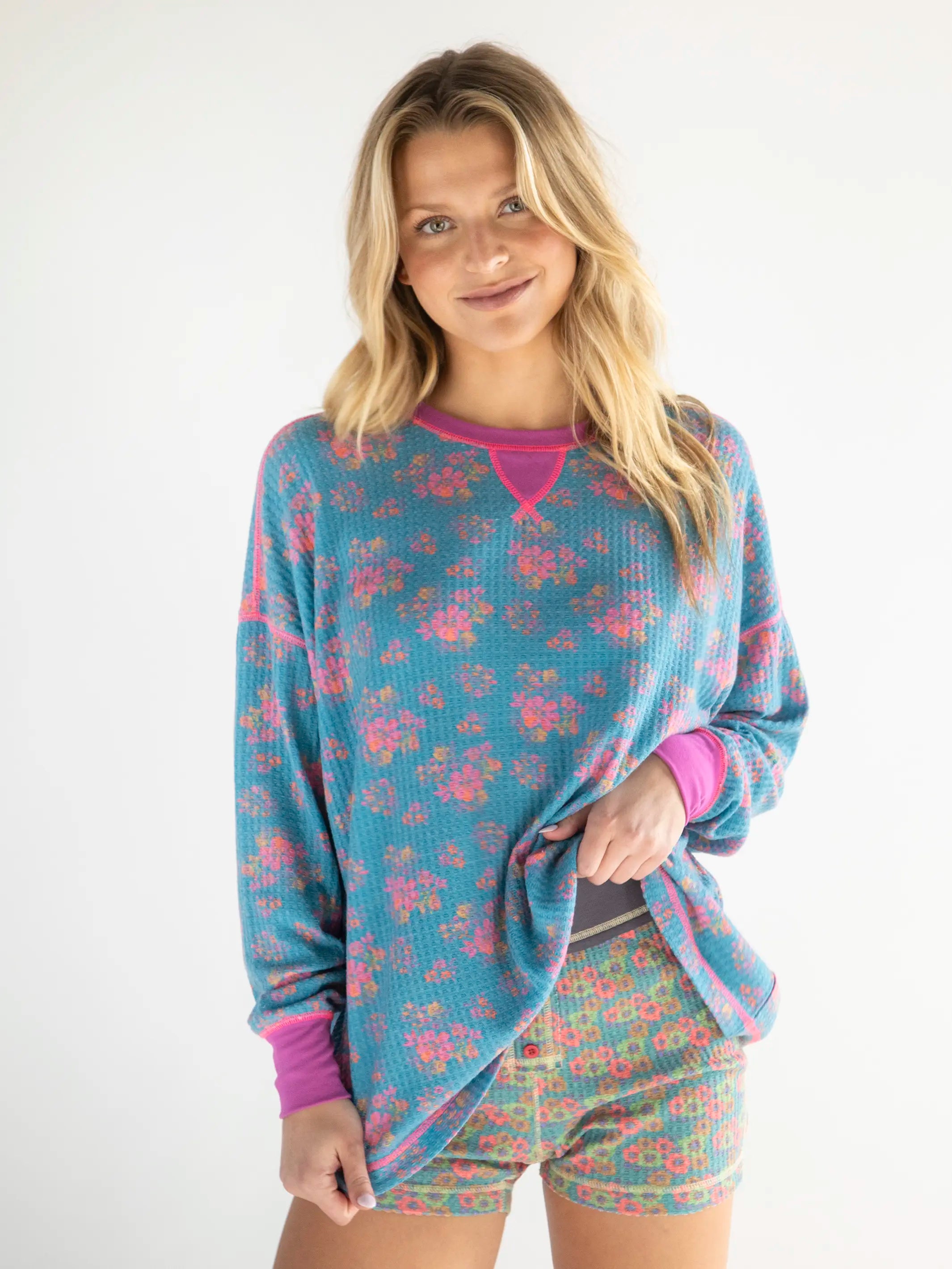 Women's Comfortable Apparel Mix & Match Waffle Pajama Top - Turquoise Pink Mustard Floral