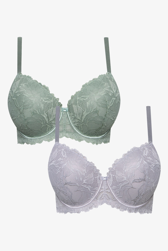 Women's Versatile Apparel Plus Size 2 Pack Lace Balconette Bras Green & Grey