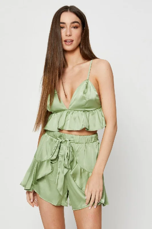 Sustainable Fashion Clothing For Women Green Bralette Pyjamas Set Satin