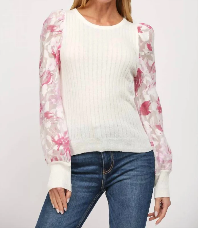 Women's Clothes And Garments Floral Print Organza Sleeve Cable Knit Sweater In Cream Pink