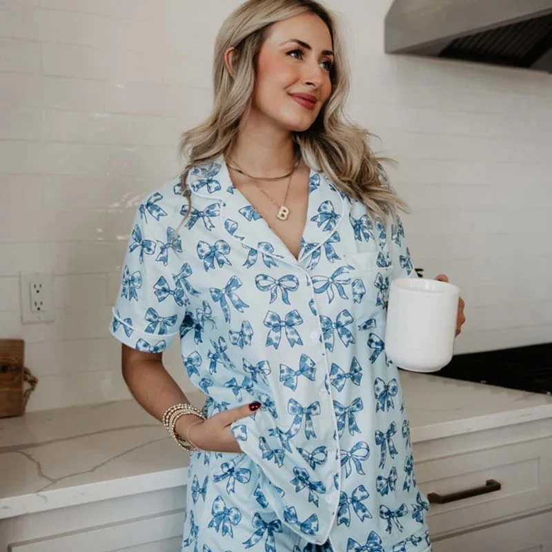 Women's Evening Attire Blue Bows Pajama Top