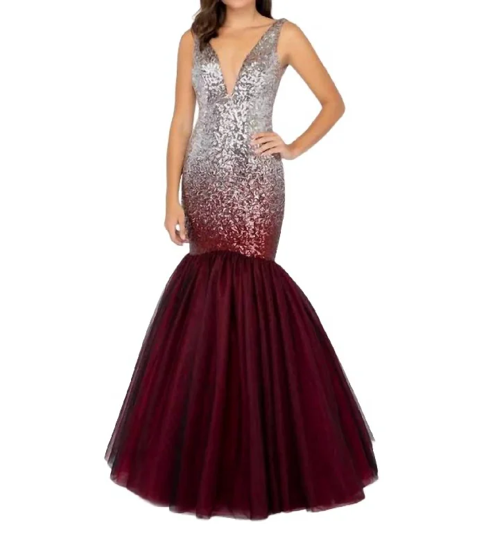 Modern Women's Clothes Sequin Mermaid Gown In Silver And Wine Red