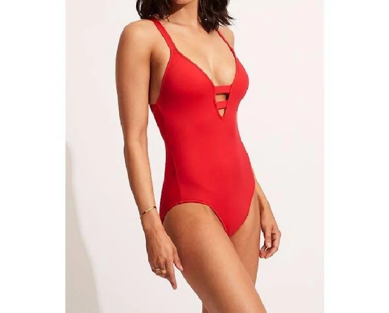 Vintage-Inspired Women's Apparel Deep V One Piece In Chilli Red