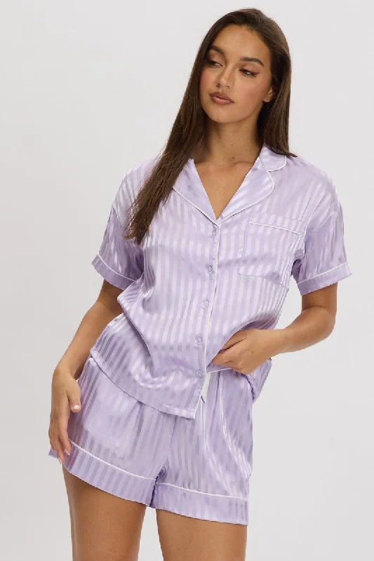 Formal Outfit For Women Purple Stripe Satin Pyjamas Set Short Sleeve