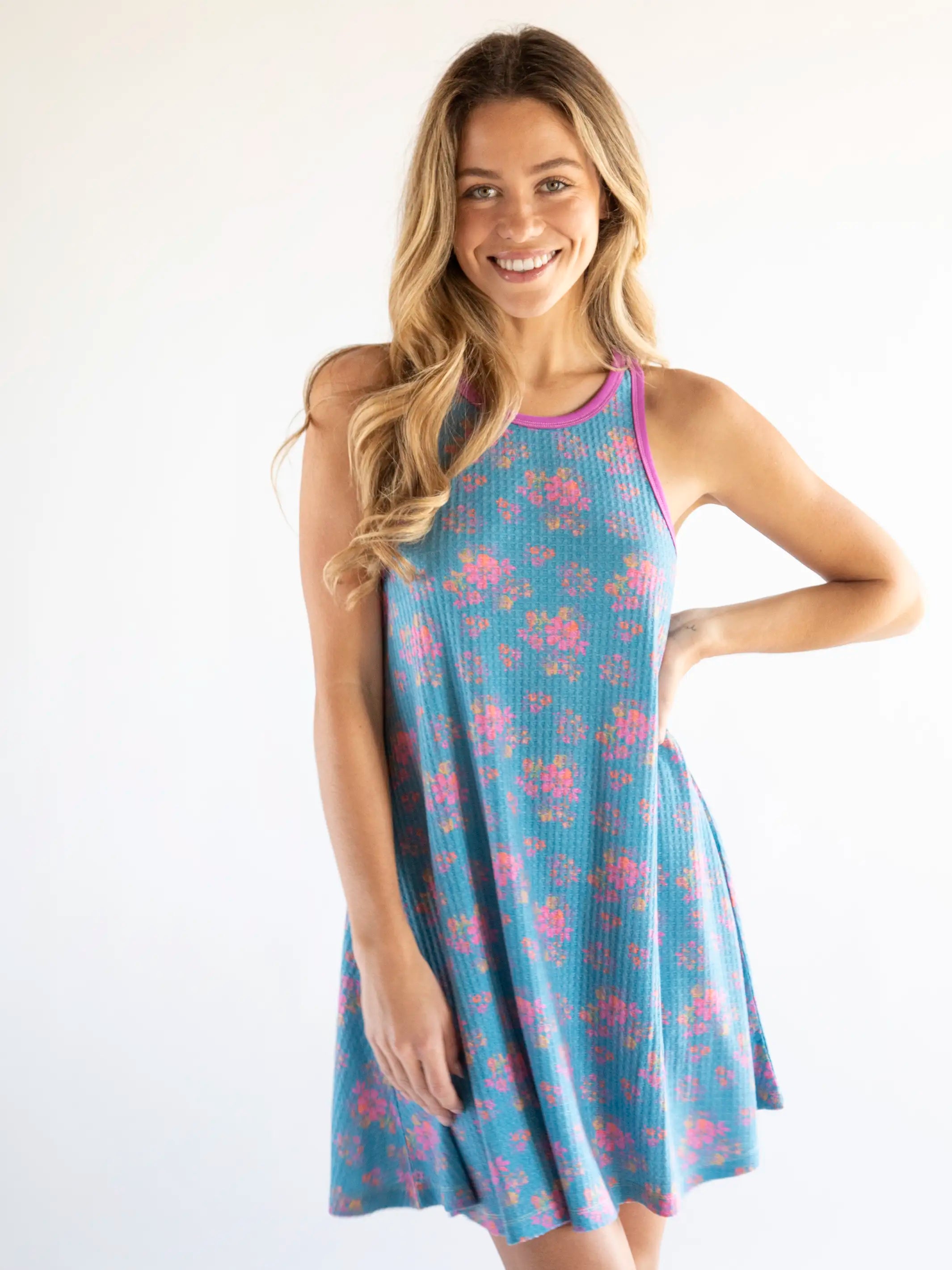 Women's Evening Garments Mix & Match Waffle Nightgown - Turquoise Pink Mustard Floral