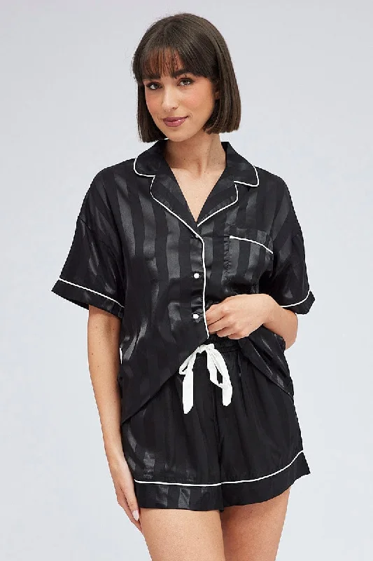 Women's Attire Black Stripe Pyjama Set Jacquard Stripe Satin Piping PJ