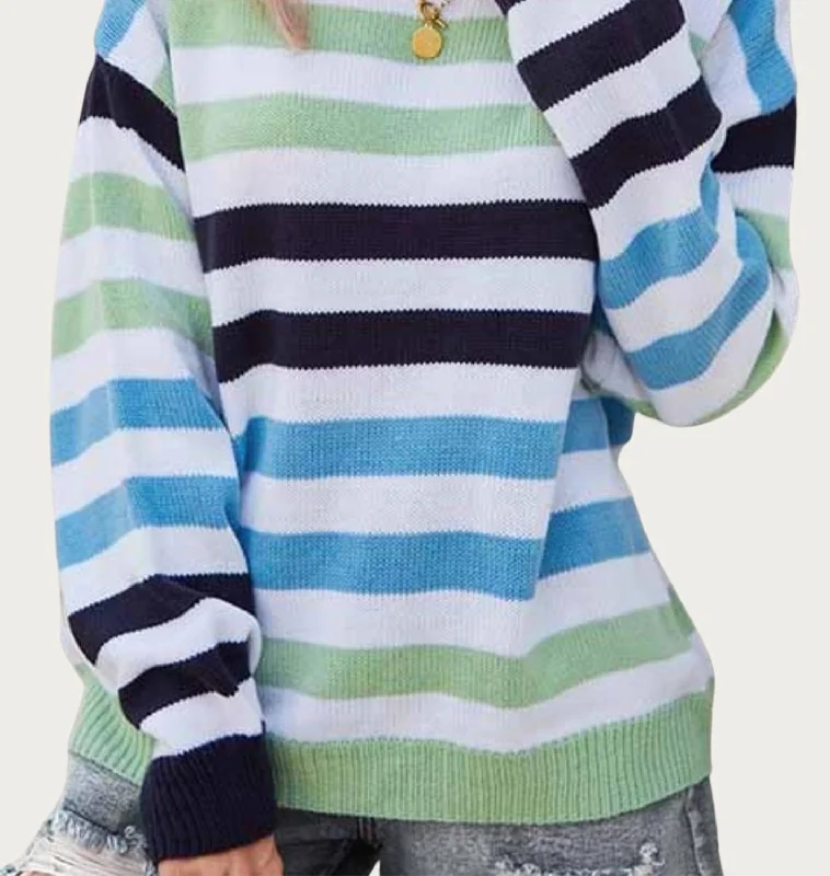 Stylish Women's Clothing Multicolor Striped Knit Sweater In Blue Multi