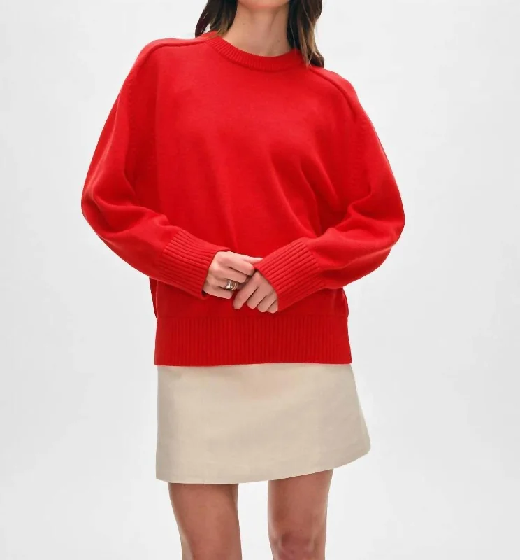 Women's Chic Outfit Saddle Sleeve Crew Sweater In Cherry Red