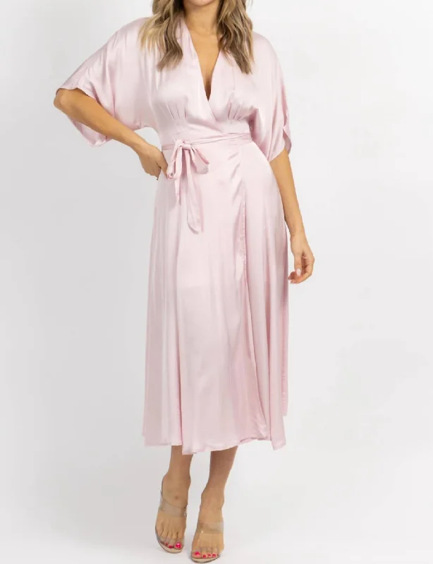 Stylish Women's Attire Satin Wrap Midi Dress In Pale Pink