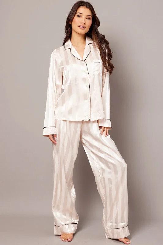 Women's Plus-Size Attire Beige Stripe Pj Set Satin Stripe Contrast Piping Pyjama