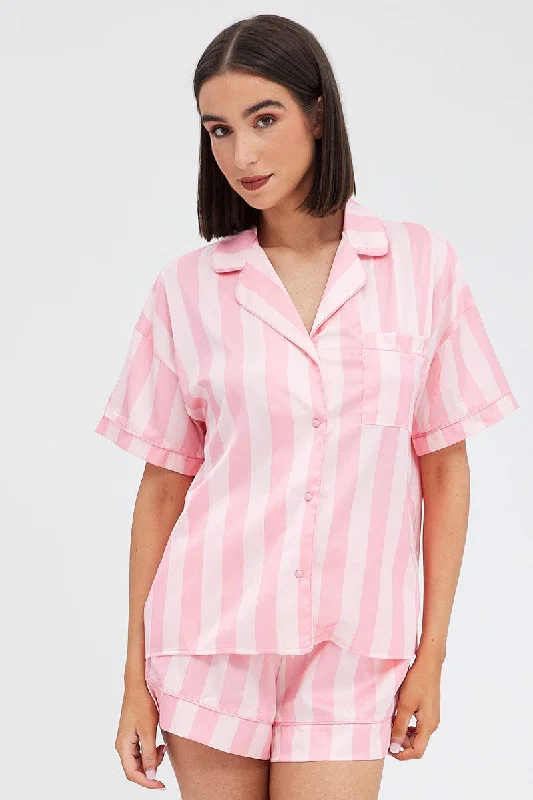 Women's Holiday Attire Pink Stripe Satin Pj Pink Stripe Piping Pyjama Set