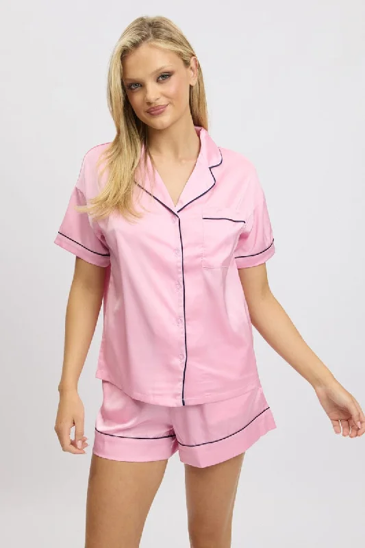 Comfortable Outfit For Women Pink Satin Pyjamas Set Short Sleeve