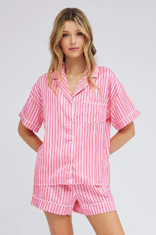 Women's Classic Attire Pink Stripe Stripe PJ Satin Contrast Piping Pyjama Set