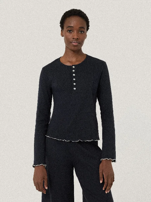 Women's Evening Wear Outfit Pointelle Pyjama Henley Top | Navy