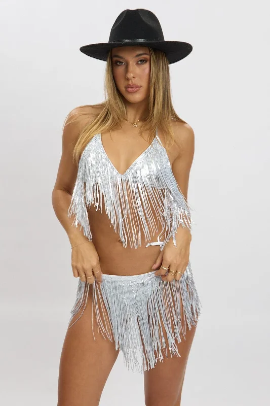 Women's Apparel And Garments Silver Tassel Sequin Detail Lingerie Set Bikini Set