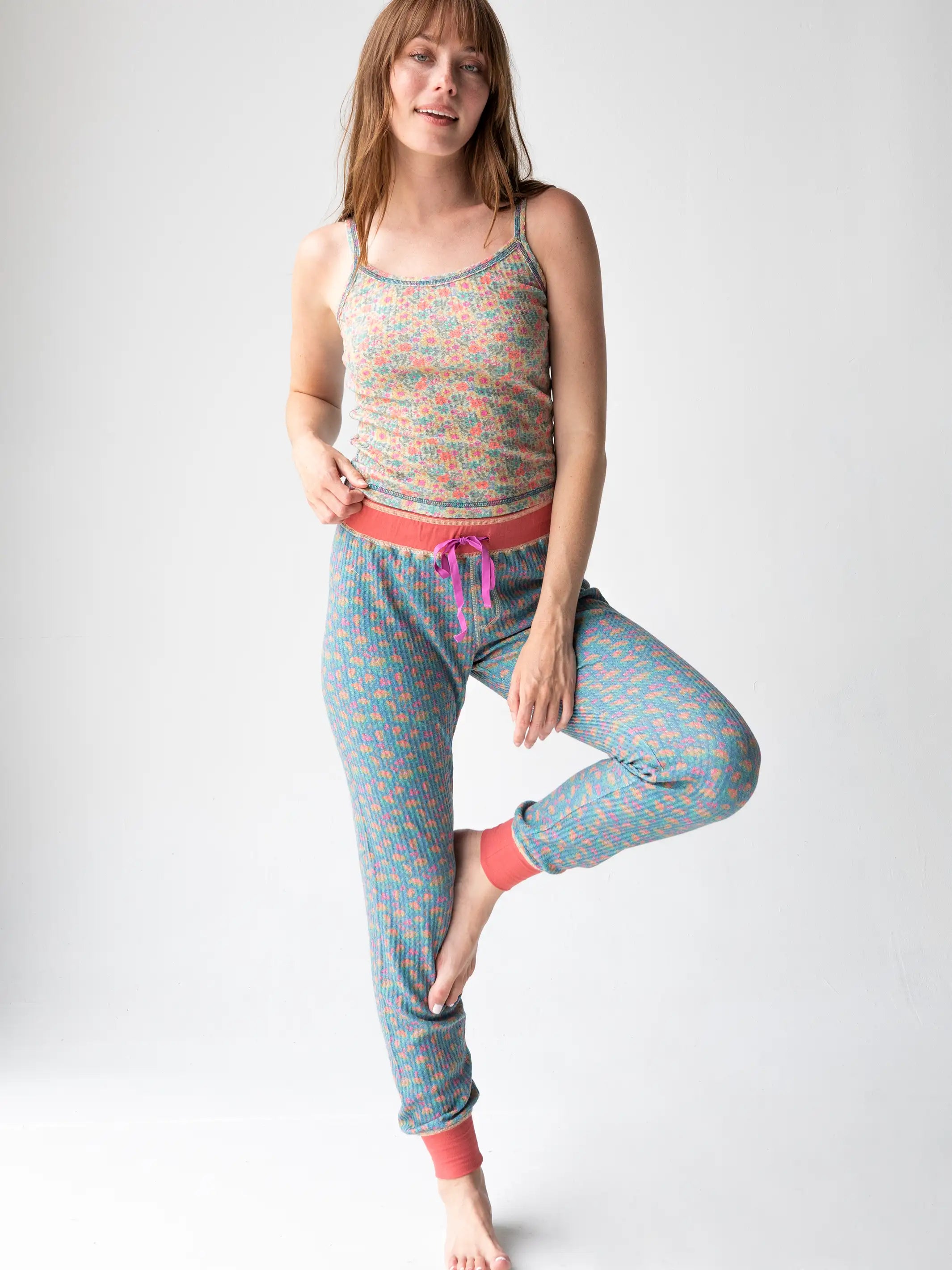 Women's Athleisure Apparel Mix & Match Waffle Long Johns - Bright Turquoise Floral