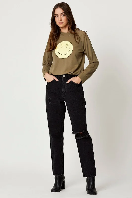 Women's Tailored Outfit Green Smiley Face Sweater