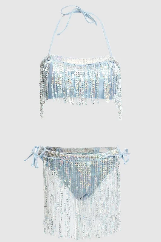 Women's Outerwear Apparel Silver Tassel Sequin Detail Lingerie Set Bikini Set