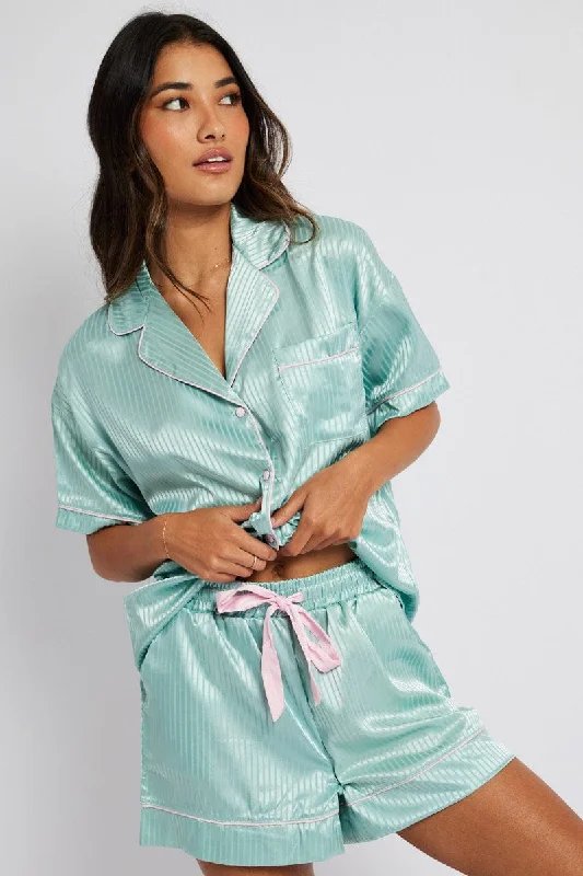 Women's Weekend Outfit Green Stripe Satin Pj Jacquard Stripe Piping Pyjama Set