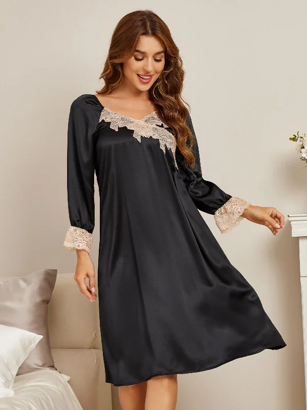 Fashion-Forward Women's Clothing Women's Silk Lace Long Sleeve Midi Nightgown