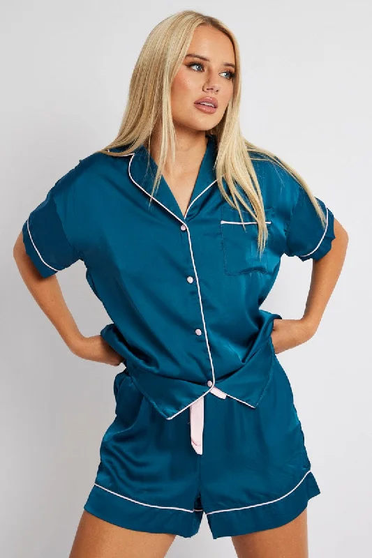 Chic Clothing For Women Blue Satin Pj Contrast Piping Pyjama Set