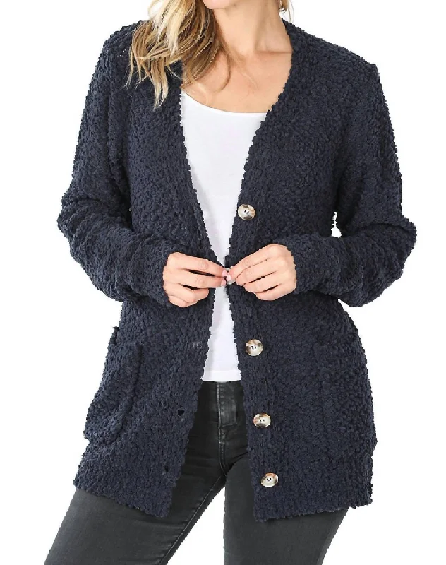 Classic Women's Apparel Popcorn Button Down Cardigan In Midnight Navy