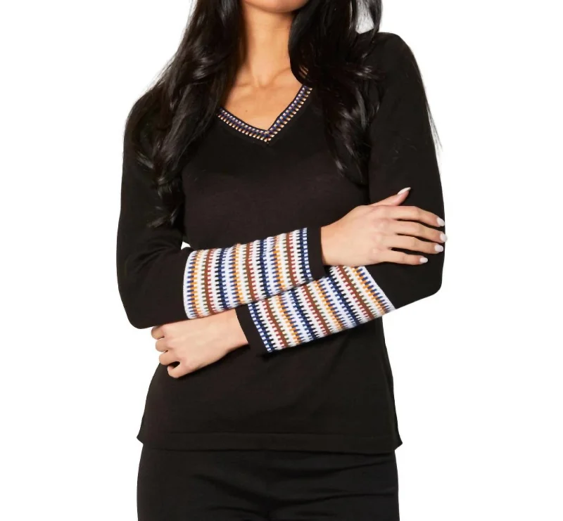 Women's Casual Apparel For Weekends V-Neck Sweater In Black/multi