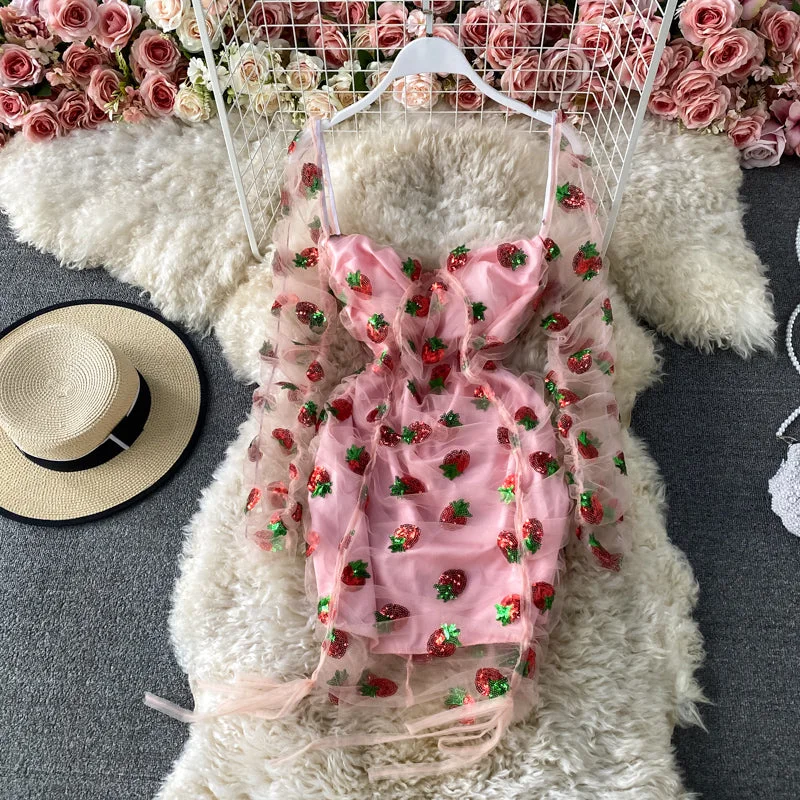Shop Sale Items Gauze dress strawberry pink one line shoulder bag hip skirt  3177