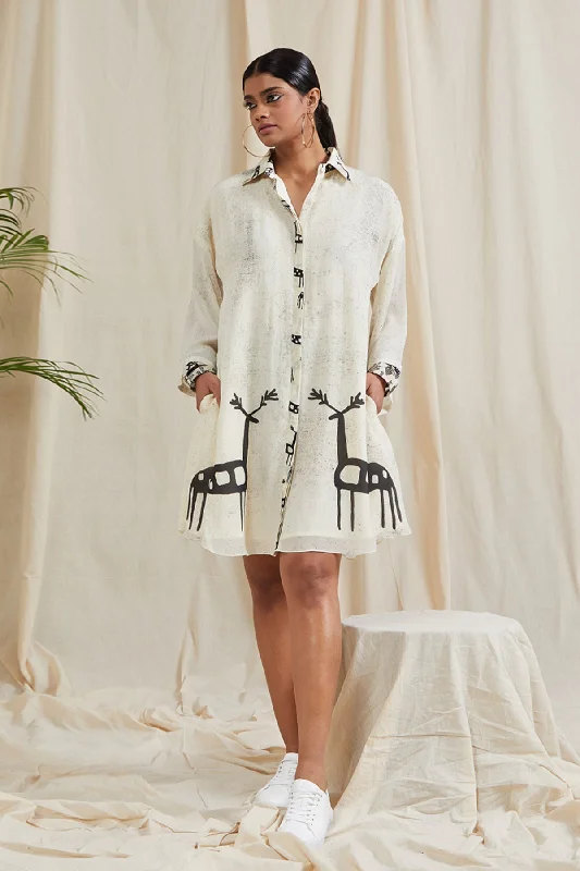 Women Clothing Ivory Deer In The Dark Shirt Dress