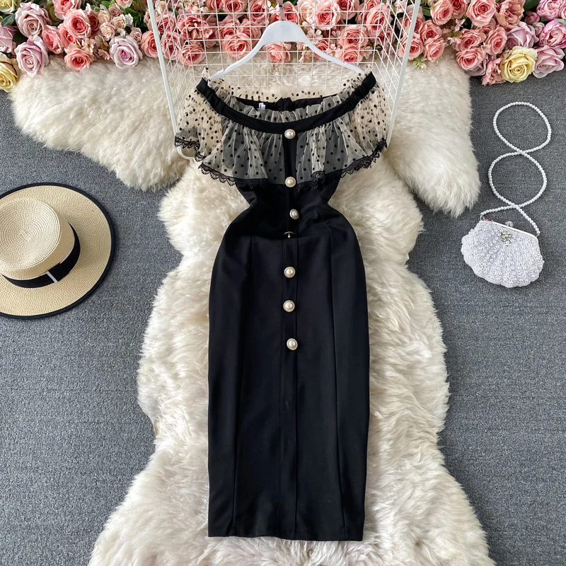 Trendy Street Style Clothing Temperament light mature style one shoulder wave dot mesh dress  2954