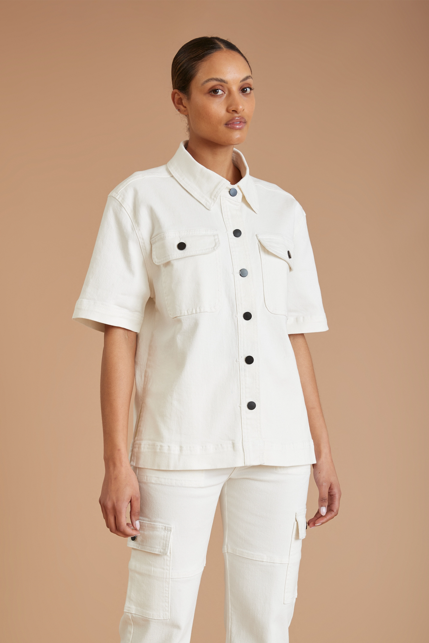 Women's Layered Outfit AF Denim Utility Shirt (White)