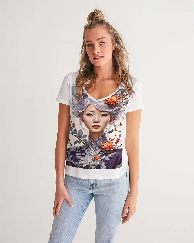 Women's Holiday Clothes Beautiful Asian woman grey hair blossom Women's All-Over Print V-Neck Tee