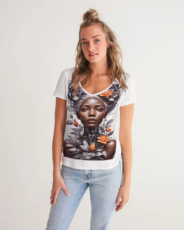 Timeless Women's Apparel Beautiful black silver grey hair blossom women Women's All-Over Print V-Neck Tee