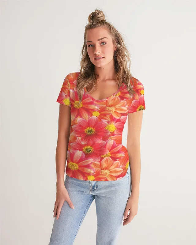 Women's Cozy Outfit For Lounging Beautiful blood orange flower design Women's All-Over Print V-Neck Tee