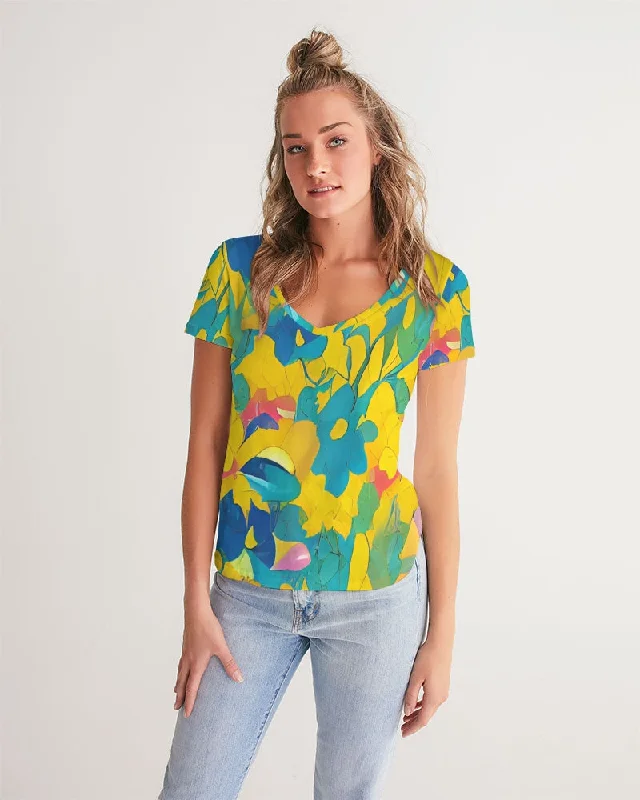 Timeless Women's Garments Beautiful yellow and blue hint of red pattern Women's V-Neck Tee