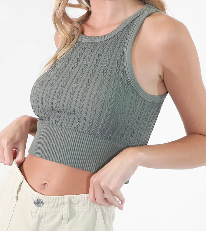 Women's Casual Attire Boho Knit Texured Highneck Crop Top