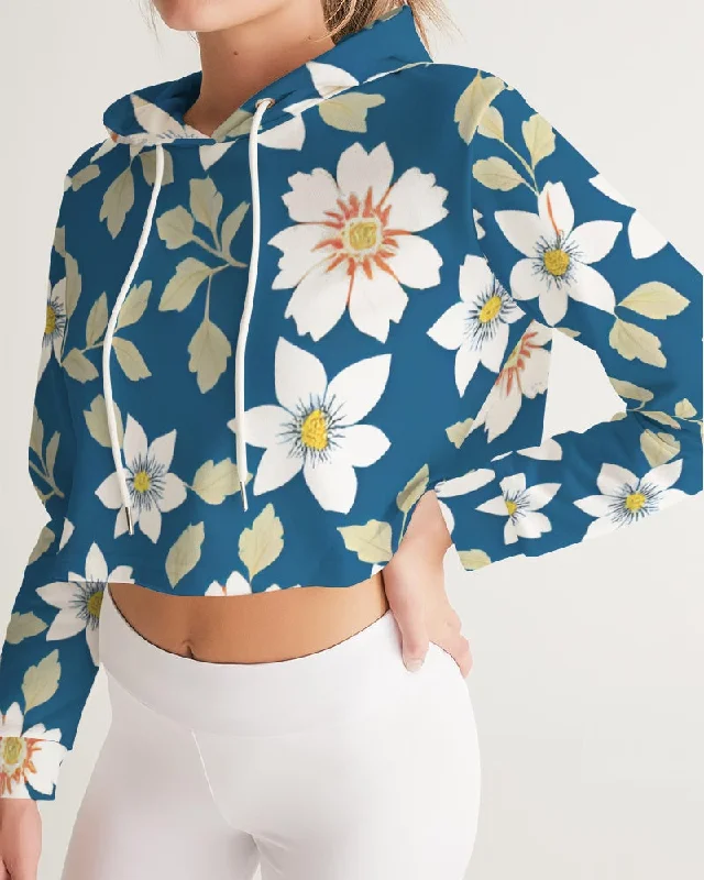 Women's Clothing Apparel Dark blue background and white flower pattern Women's All-Over Print Cropped Hoodie