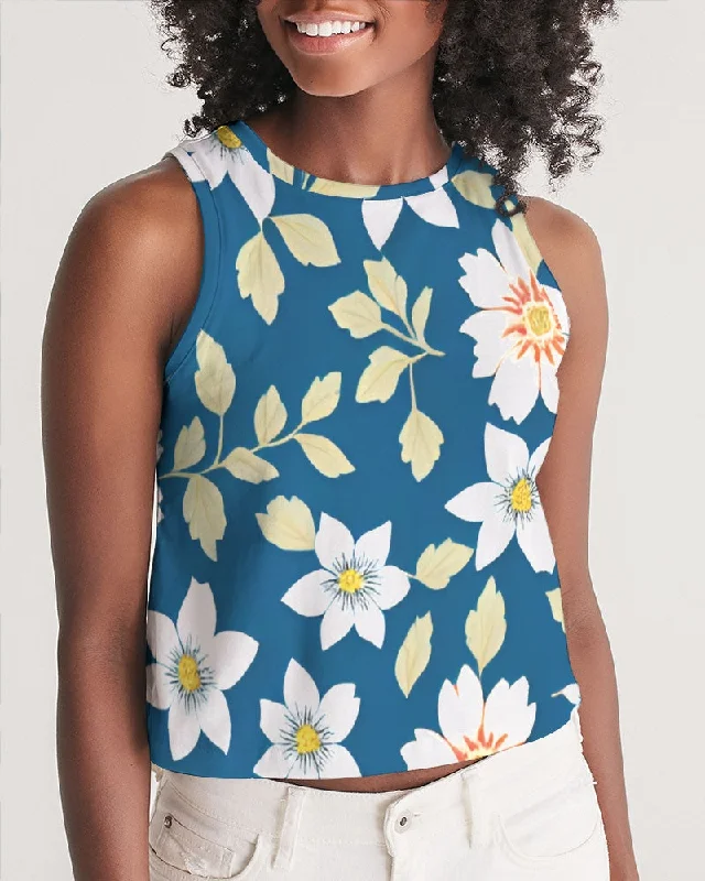 Classic Women's Apparel Dark blue background and white flower pattern Women's All-Over Print Cropped Tank