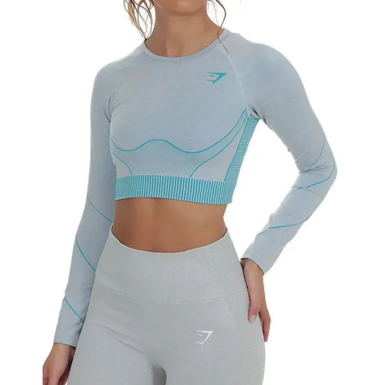 Fashionable Women's Casual Apparel Gymshark Hyper Amplify Seamless Womens Long Sleeve Crop Top - Blue