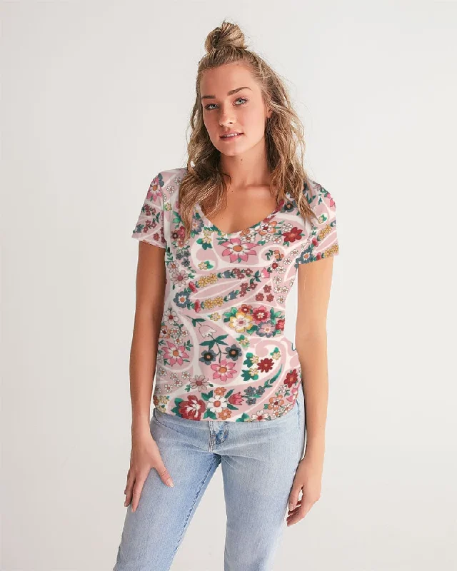 Affordable Luxury Women's Garments Pink abstract Pretty Sisters Women's All-Over Print V-Neck Tee