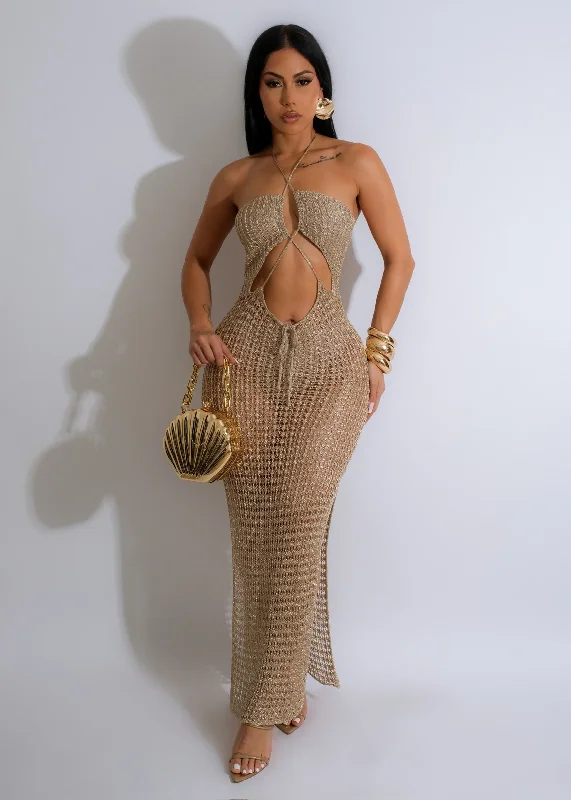 Women's Trendy Clothing Absolutely Crochet Metallic Maxi Dress Gold