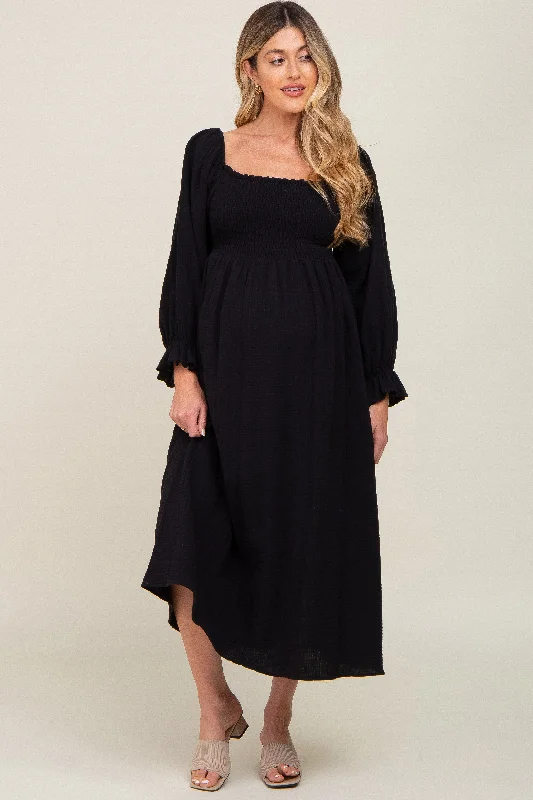 Charming Women's Holiday Apparel Black Gauze Smocked Maternity Midi Dress