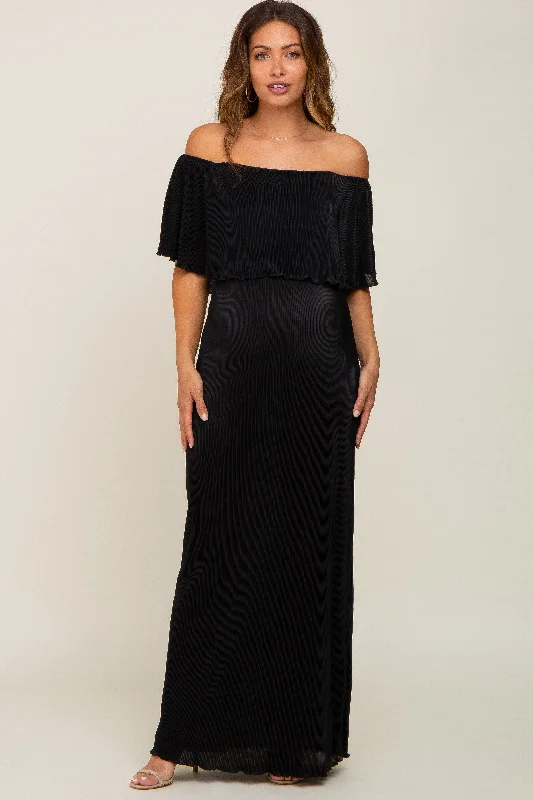 Casual Chic Clothing For Women Black Pleated Ruffle Off Shoulder Maternity Maxi Dress