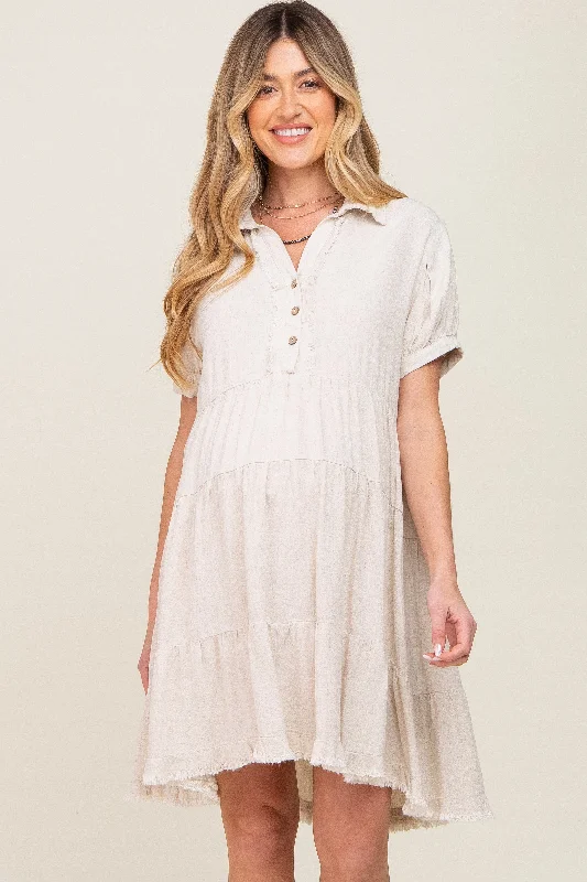 Women's Clothes And Apparel Sets Cream Tiered Collared Linen Maternity Dress