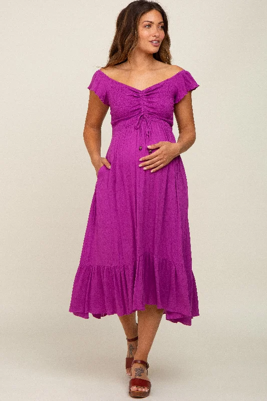 Women's Evening Wear Attire Magenta Smocked Ruched Ruffle Hem Maternity Maxi Dress