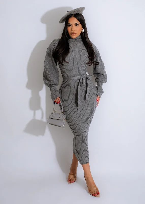 Women's Clothing With Trendy Designs Make Me Sigh Ribbed Sweater Midi Dress Grey